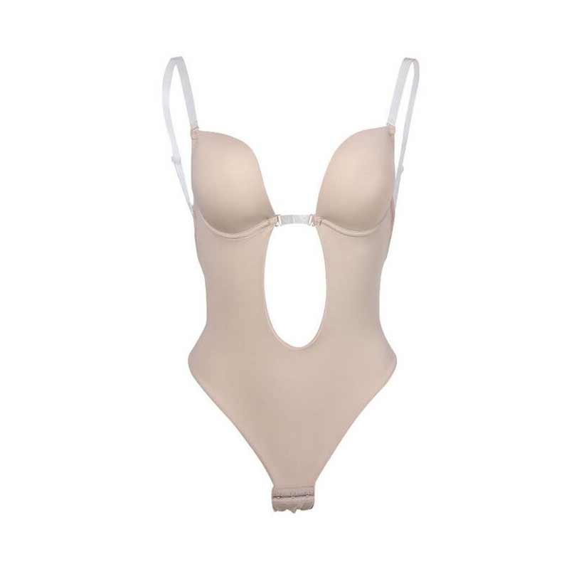 "Rygglös shapewear bh i beige nylon, designad för osynlighet, stöd och silkeslen känsla under rygglösa klänningar."
