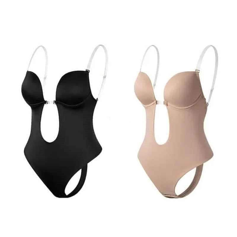 "Rygglös shapewear bh i beige nylon, designad för osynlighet, stöd och silkeslen känsla under rygglösa klänningar."