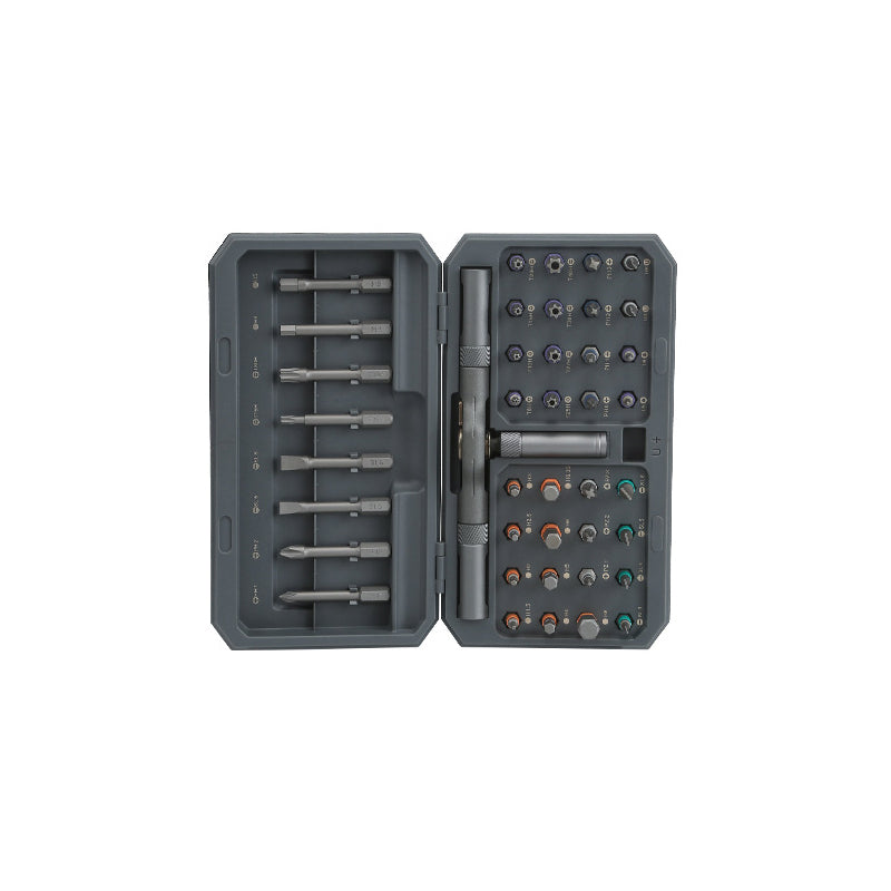 "Sats med 24 magnetiska skruvmejselhuvuden, snabbt växlande handtag, robust aluminium, perfekt för DIY-projekt."