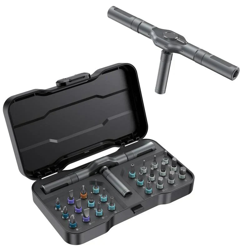 "Sats med 24 magnetiska skruvmejselhuvuden, snabbt växlande handtag, robust aluminium, perfekt för DIY-projekt."