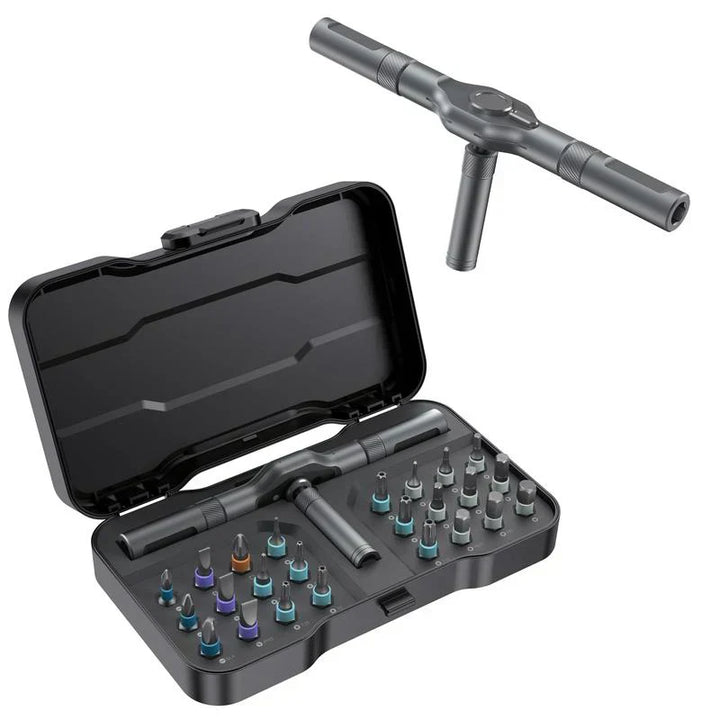 "Sats med 24 magnetiska skruvmejselhuvuden, snabbt växlande handtag, robust aluminium, perfekt för DIY-projekt."