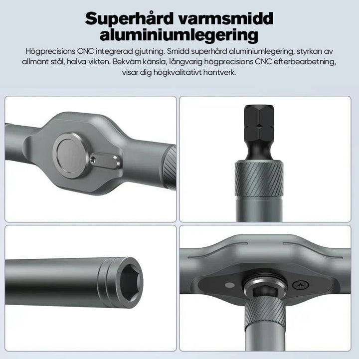 "Sats med 24 magnetiska skruvmejselhuvuden, snabbt växlande handtag, robust aluminium, perfekt för DIY-projekt."