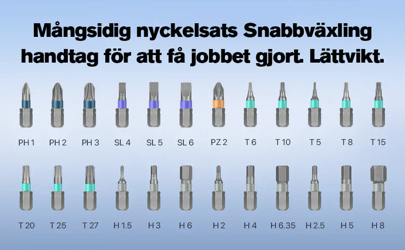 "Sats med 24 magnetiska skruvmejselhuvuden, snabbt växlande handtag, robust aluminium, perfekt för DIY-projekt."