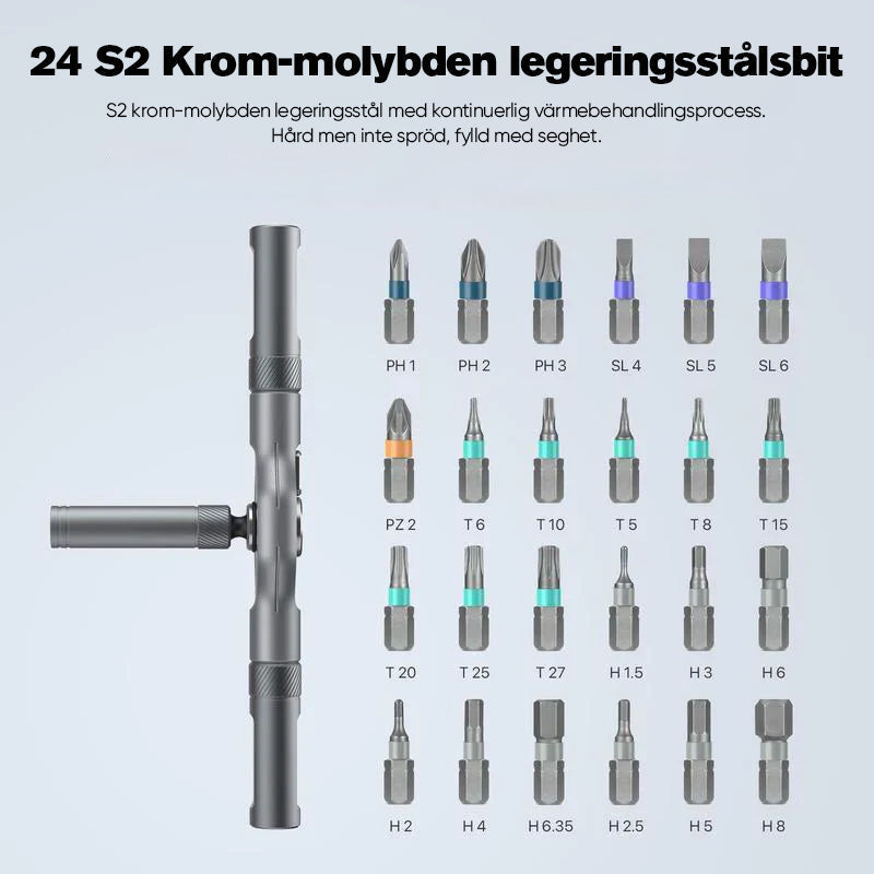 "Sats med 24 magnetiska skruvmejselhuvuden, snabbt växlande handtag, robust aluminium, perfekt för DIY-projekt."