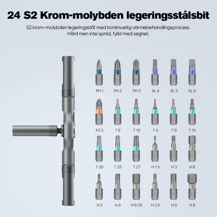 "Sats med 24 magnetiska skruvmejselhuvuden, snabbt växlande handtag, robust aluminium, perfekt för DIY-projekt."