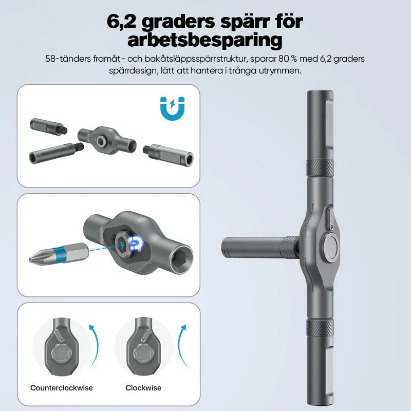 "Sats med 24 magnetiska skruvmejselhuvuden, snabbt växlande handtag, robust aluminium, perfekt för DIY-projekt."