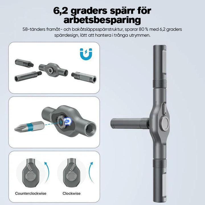 "Sats med 24 magnetiska skruvmejselhuvuden, snabbt växlande handtag, robust aluminium, perfekt för DIY-projekt."