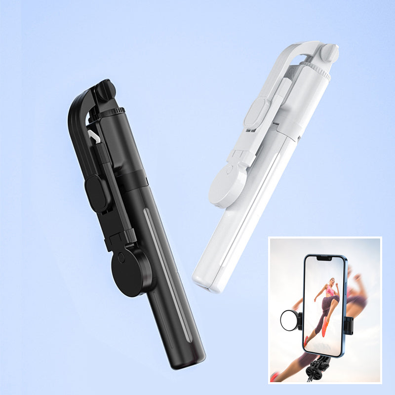 "Selfiepinne med dimbart LED-ljus och Bluetooth-fjärrkontroll, svart och vit, kompakt och bärbar, perfekt för nattbilder."