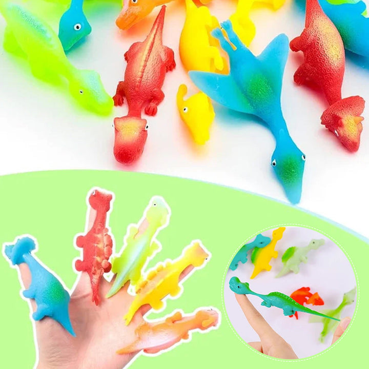 "Set om 10 fingerleksaker med dinosaurieslungor i färgglada mönster, perfekt för barn att leka och lära sig om dinosaurier."