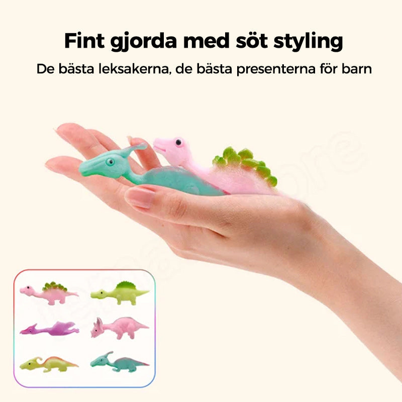 "Set om 10 fingerleksaker med dinosaurieslungor i färgglada mönster, perfekt för barn att leka och lära sig om dinosaurier."