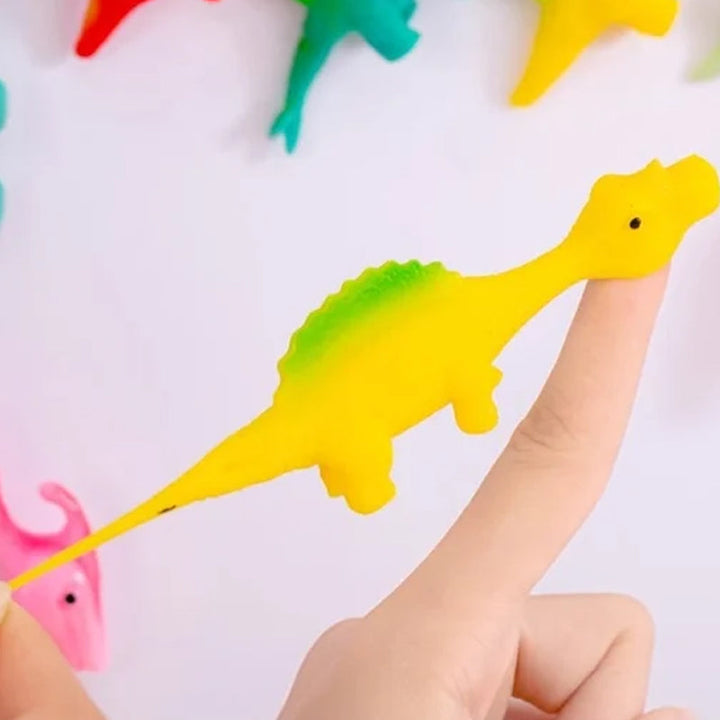 "Set om 10 fingerleksaker med dinosaurieslungor i färgglada mönster, perfekt för barn att leka och lära sig om dinosaurier."