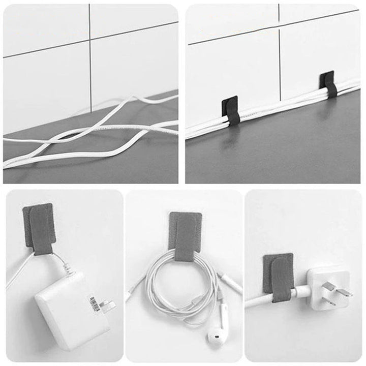 "Självhäftande kardborrearrangör för kablar, svart nylon, justerbar 28x90 mm, enkel installation på plana ytor."