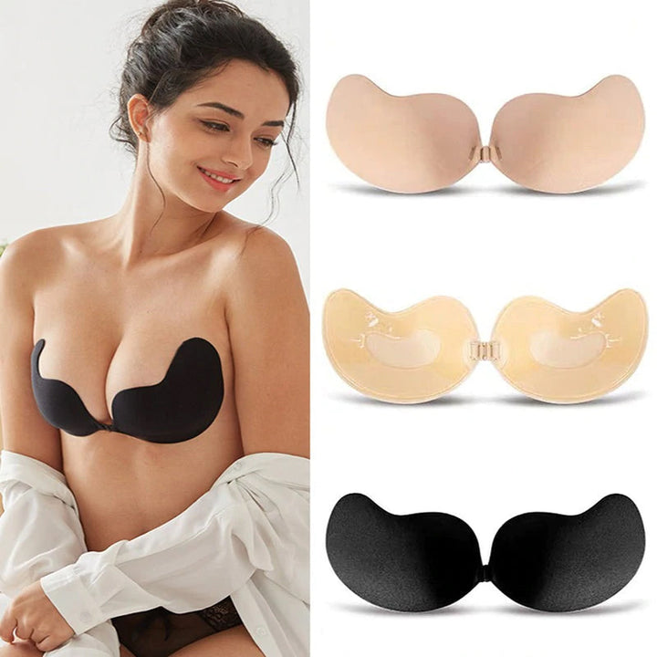 "Självhäftande osynlig BH med push-up-effekt, rygglös och axelbandslös design, beige färg, passar under klänningar."