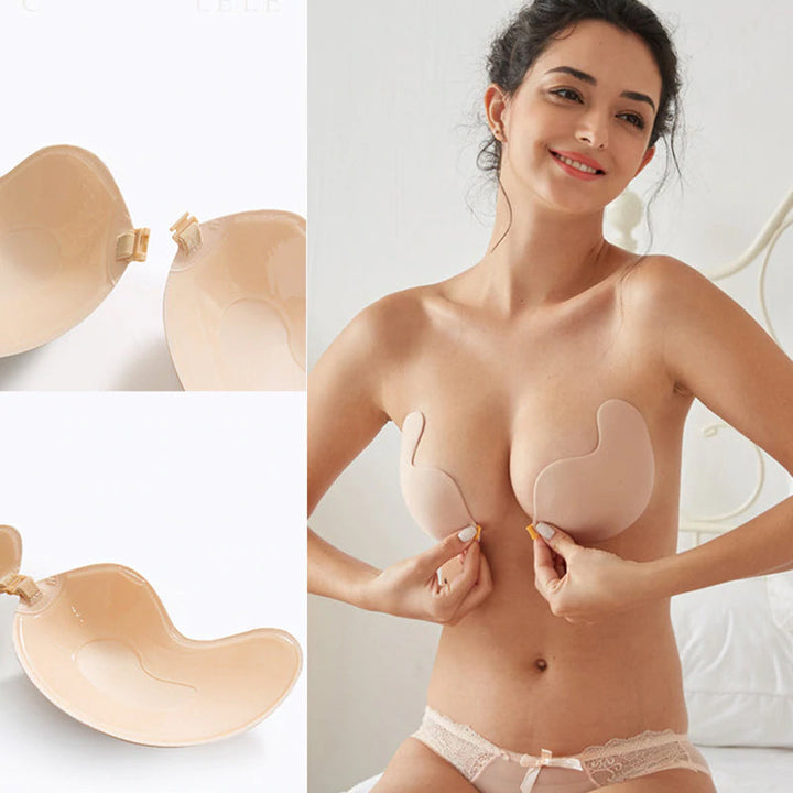 "Självhäftande osynlig BH med push-up-effekt, rygglös och axelbandslös design, beige färg, passar under klänningar."