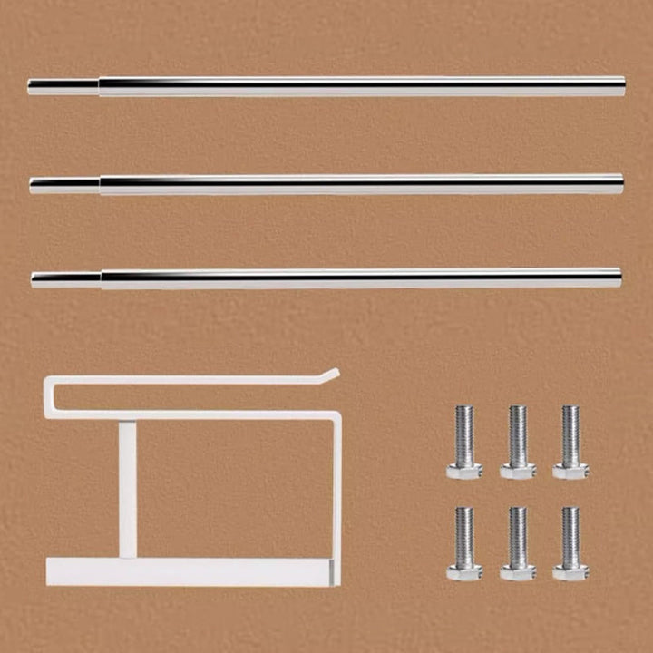 "Skoskåp i metall, svart och vit, med skiktad design för optimal hushållsorganisation och elegant förvaring."