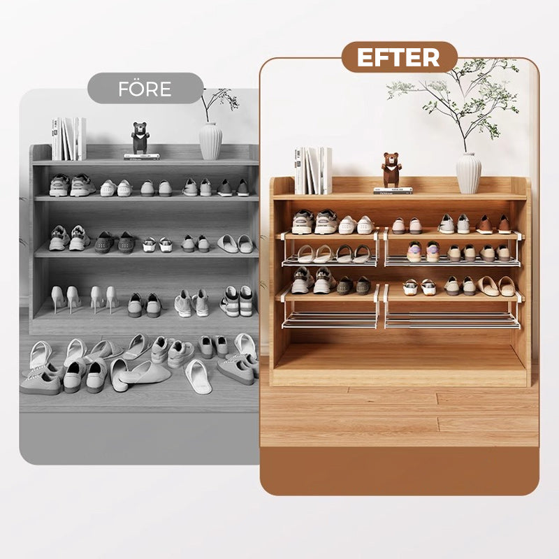 "Skoskåp i metall, svart och vit, med skiktad design för optimal hushållsorganisation och elegant förvaring."