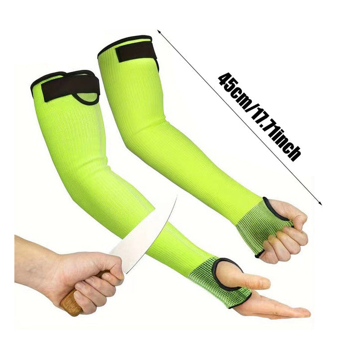 "Skyddsärmar med tumbahål, gula och orange i färg, anpassade för industriellt och dagligt bruk. Säkerhet för armar."