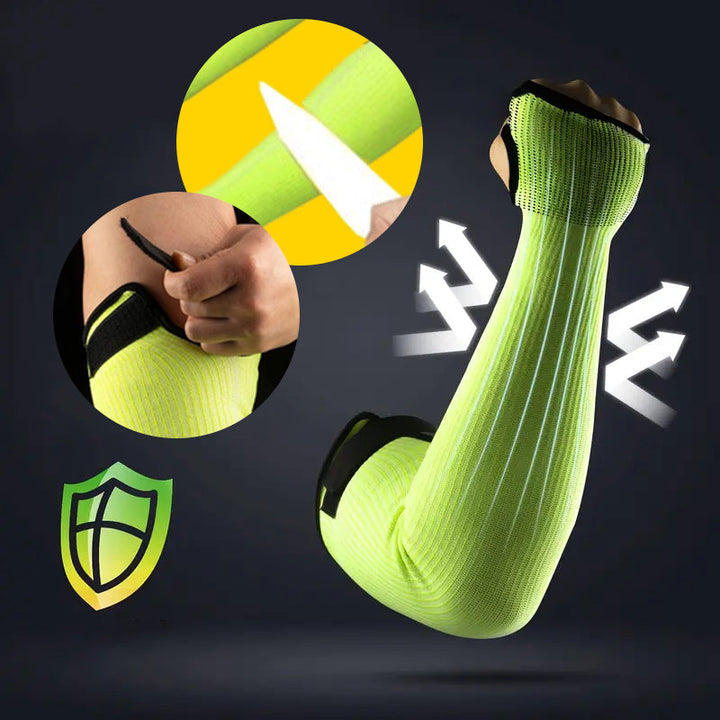 "Skyddsärmar med tumbahål, gula och orange i färg, anpassade för industriellt och dagligt bruk. Säkerhet för armar."