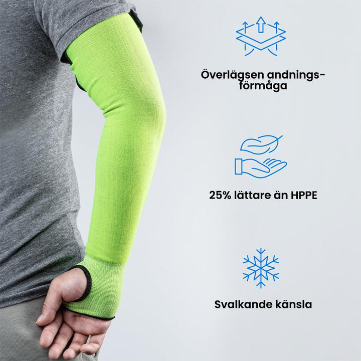 "Skyddsärmar med tumbahål, gula och orange i färg, anpassade för industriellt och dagligt bruk. Säkerhet för armar."