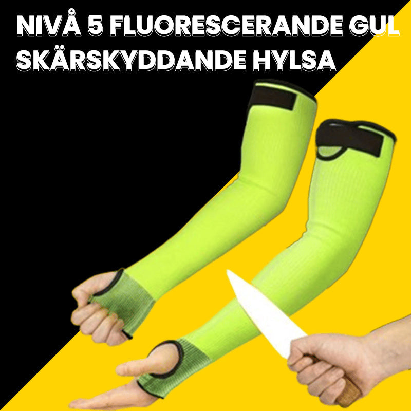 "Skyddsärmar med tumbahål, gula och orange i färg, anpassade för industriellt och dagligt bruk. Säkerhet för armar."