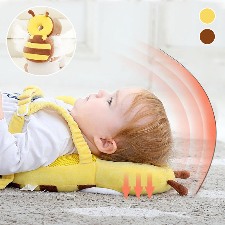 "Skyddsryggsäck för bebisar, gul/brun bi, med justerbara remmar, stötskydd och hål för huvud i ryggen, 35x16 cm."