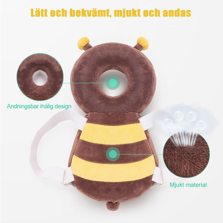 "Skyddsryggsäck för bebisar, gul/brun bi, med justerbara remmar, stötskydd och hål för huvud i ryggen, 35x16 cm."