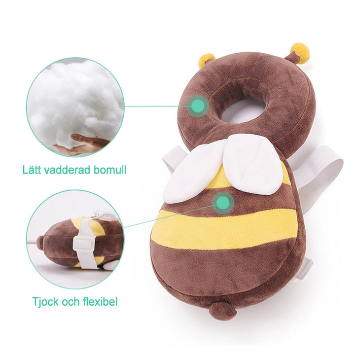 "Skyddsryggsäck för bebisar, gul/brun bi, med justerbara remmar, stötskydd och hål för huvud i ryggen, 35x16 cm."