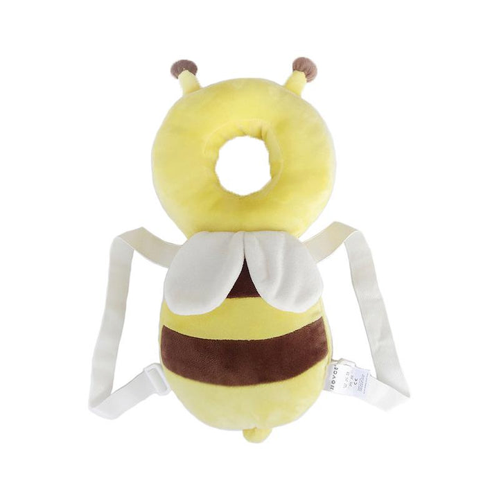 "Skyddsryggsäck för bebisar, gul/brun bi, med justerbara remmar, stötskydd och hål för huvud i ryggen, 35x16 cm."