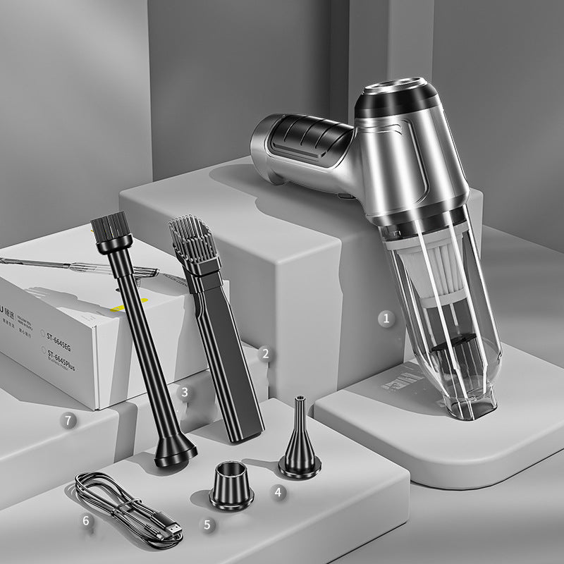 "Sladdlös handdammsugare för hem och bil, kompakt design, stark sugkraft och hållbart ABS-material visas i bilden."