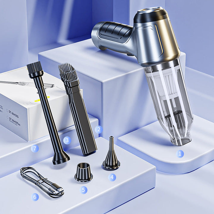 "Sladdlös handdammsugare för hem och bil, kompakt design, stark sugkraft och hållbart ABS-material visas i bilden."