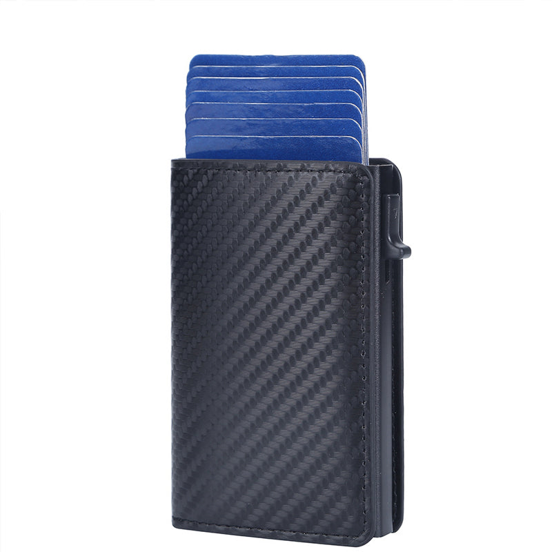 "Slimmad RFID-plånbok i aluminium för män, svart, minimalistisk design med kortplatser och ID-fönster, säker och stilren."