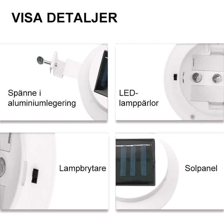 "Solcellsdrivna utomhuslampor, stilfull och robust design, vattentåliga, laddas med solenergi för trädgården."