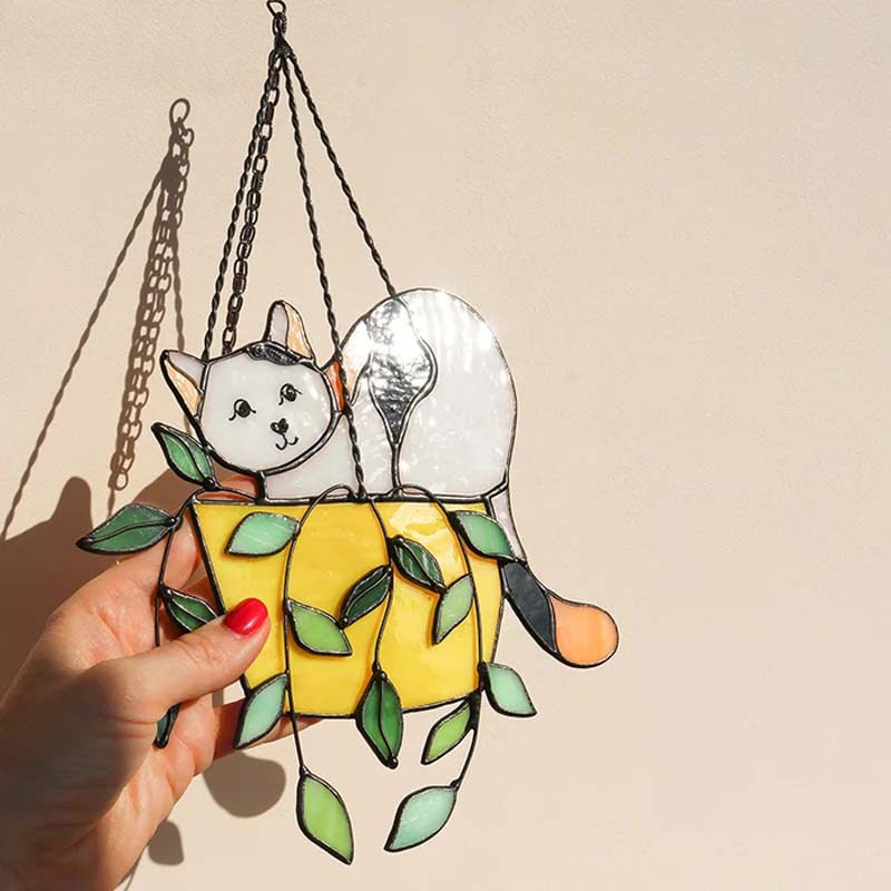 "Solfångare glasfönsterhängare med katt i blomkruka, levande färger, för trädgårdsdekoration och soligt fönster"