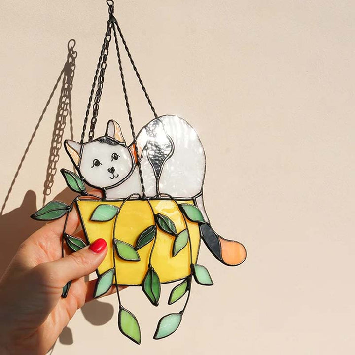 "Solfångare glasfönsterhängare med katt i blomkruka, levande färger, för trädgårdsdekoration och soligt fönster"