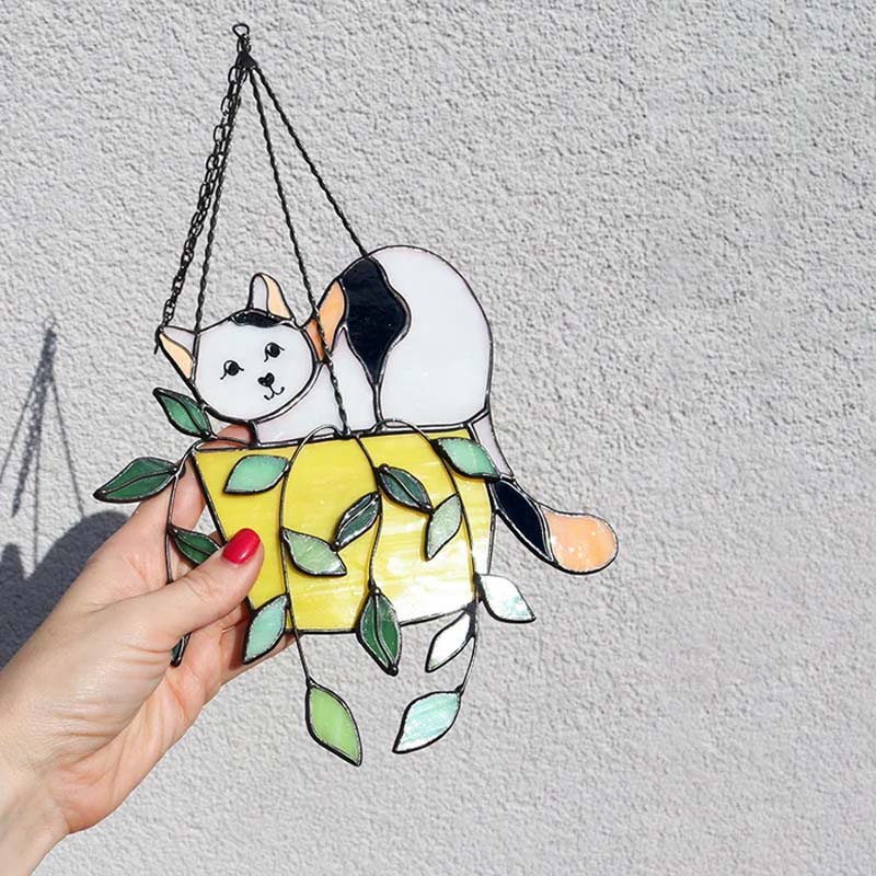 "Solfångare glasfönsterhängare med katt i blomkruka, levande färger, för trädgårdsdekoration och soligt fönster"