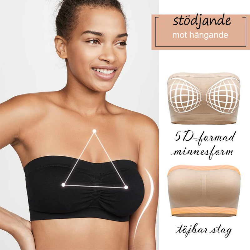 "Sömlös bandeau BH för damer, beige nylon och bomullsblandning, avtagbart skumfoder, breda sidovingar för komfort och stöd."