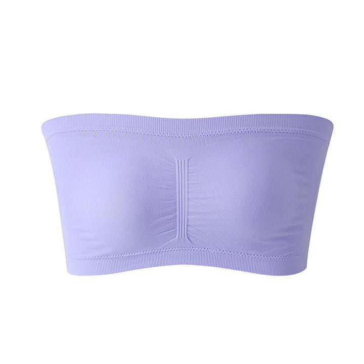 "Sömlös bandeau BH för damer, beige nylon och bomullsblandning, avtagbart skumfoder, breda sidovingar för komfort och stöd."