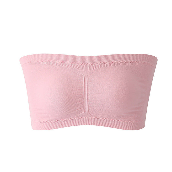 "Sömlös bandeau BH för damer, beige nylon och bomullsblandning, avtagbart skumfoder, breda sidovingar för komfort och stöd."