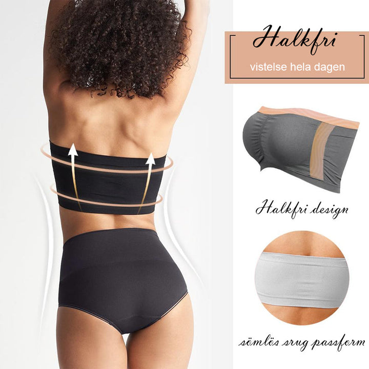 "Sömlös bandeau BH för damer, beige nylon och bomullsblandning, avtagbart skumfoder, breda sidovingar för komfort och stöd."