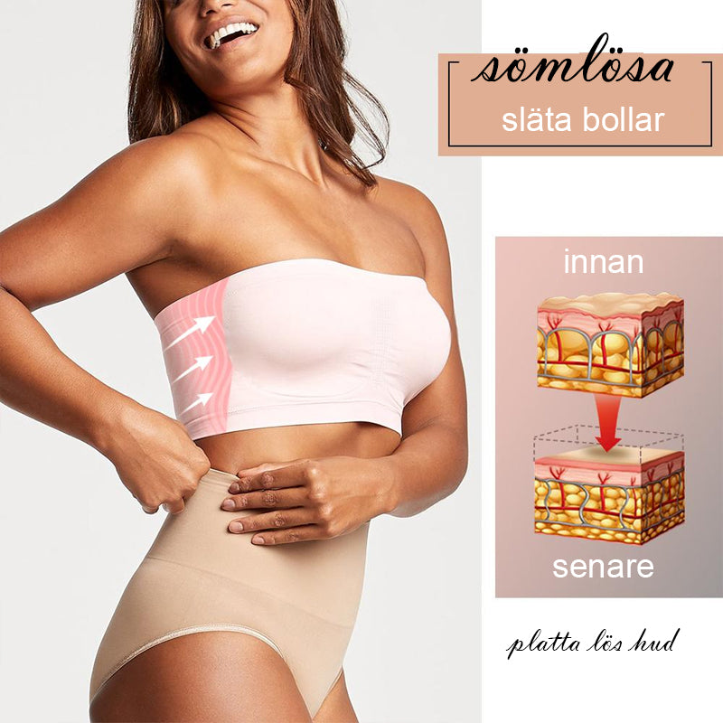 "Sömlös bandeau BH för damer, beige nylon och bomullsblandning, avtagbart skumfoder, breda sidovingar för komfort och stöd."