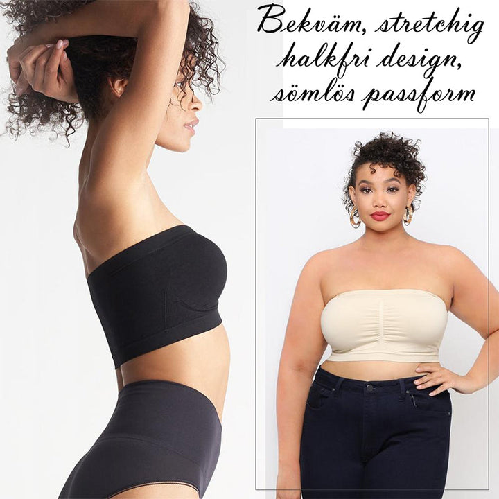 "Sömlös bandeau BH för damer, beige nylon och bomullsblandning, avtagbart skumfoder, breda sidovingar för komfort och stöd."