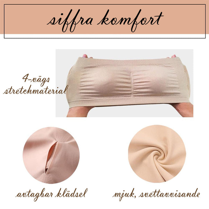 "Sömlös bandeau BH för damer, beige nylon och bomullsblandning, avtagbart skumfoder, breda sidovingar för komfort och stöd."