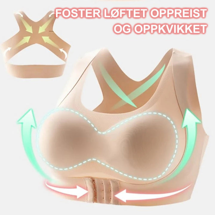 "Sömlös dam-BH-topp med främre spänne, justerbar passform, beige nylonelastan, för daglig komfort och stöd."