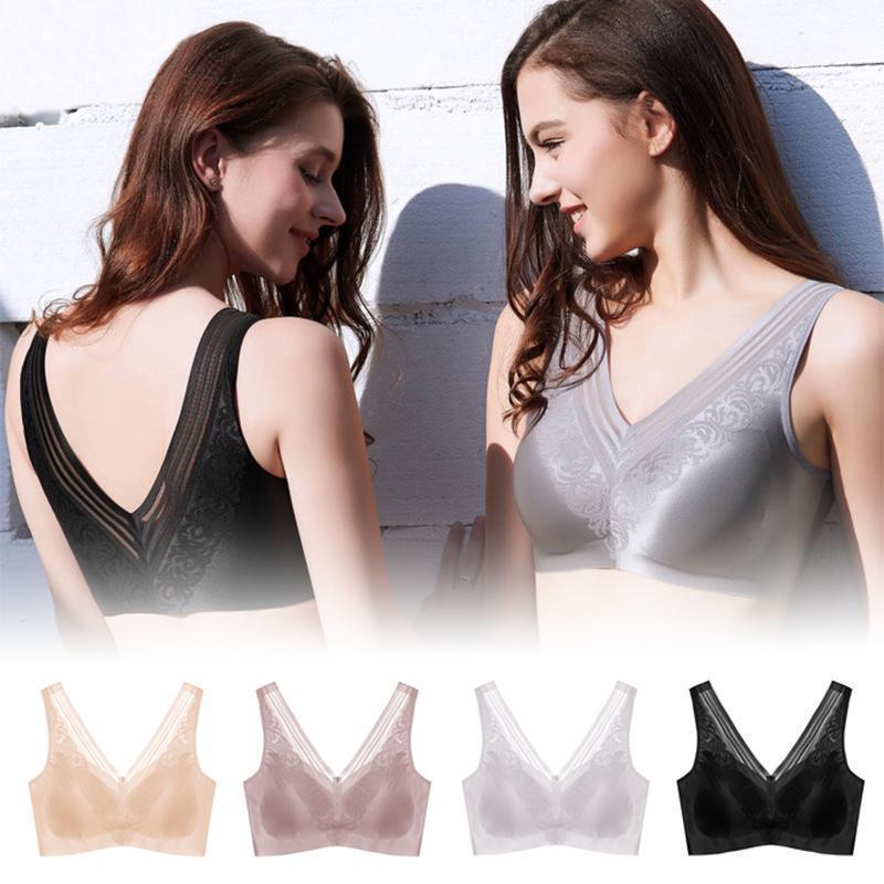 "Sömlös push-up BH i bambumaterial, beige, V-ringning, breda axelband, stödjande och bekväm för dagligt bruk."