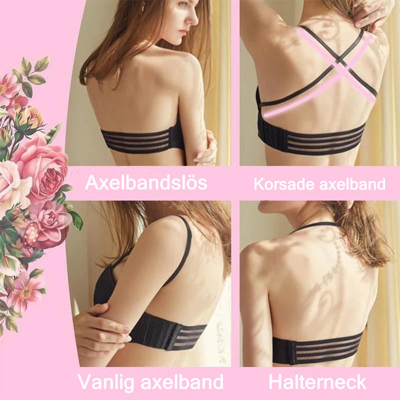 Spets bandeau BH med push-up, snörning och halkfri design för komfort och stil under axellösa klänningar.