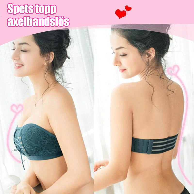 Spets bandeau BH med push-up, snörning och halkfri design för komfort och stil under axellösa klänningar.