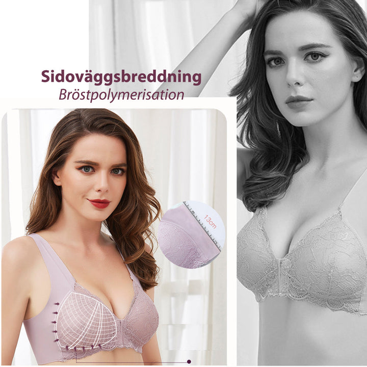 "Spets BH för kvinnor, elegant design med främre spänne, andningsbart tyg, i ljusrosa ton, ger komfort och stil."