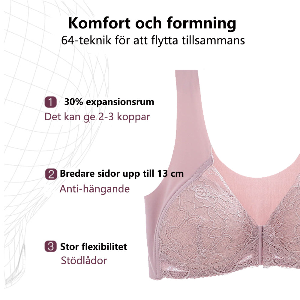 "Spets BH för kvinnor, elegant design med främre spänne, andningsbart tyg, i ljusrosa ton, ger komfort och stil."
