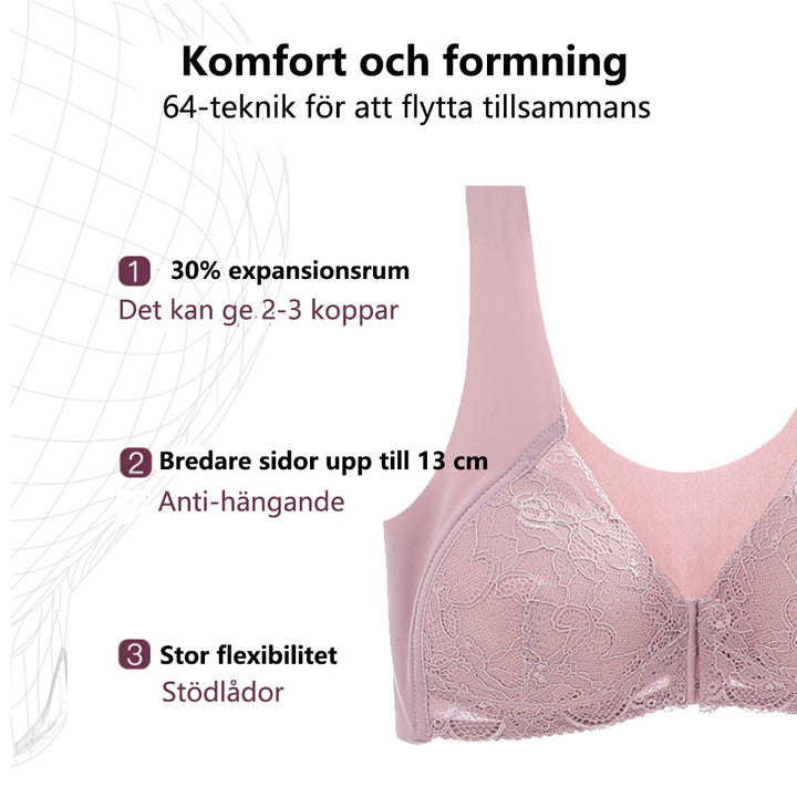 "Spets BH för kvinnor, elegant design med främre spänne, andningsbart tyg, i ljusrosa ton, ger komfort och stil."