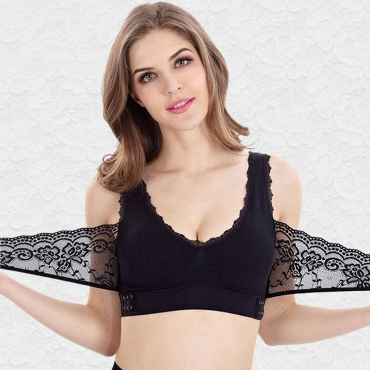 "Sportig spets BH med justerbara korsade spetsaxelband, sömlös design, lyftande effekt, elegant lingerie"
